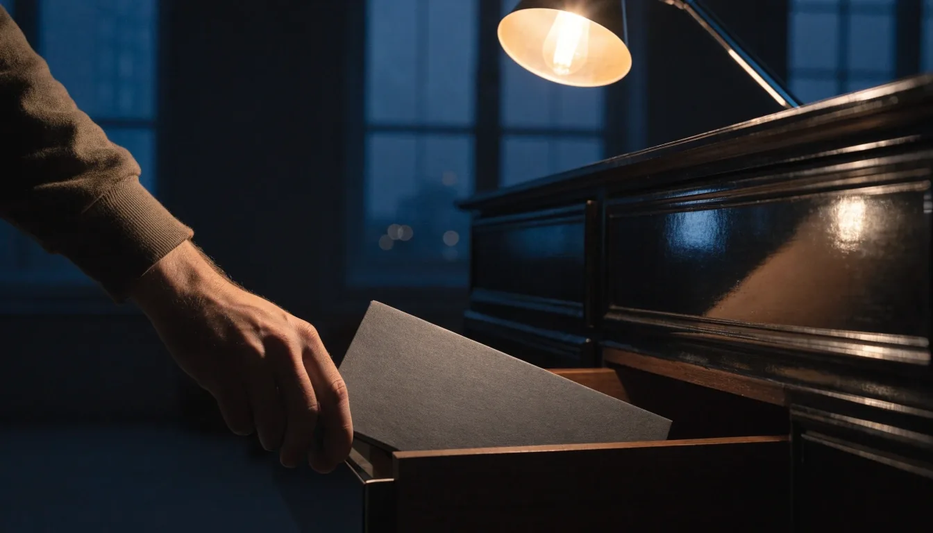 Scrivania di un ufficio italiano di sera, illuminata da una sola lampada calda su un piano di lavoro in grafite