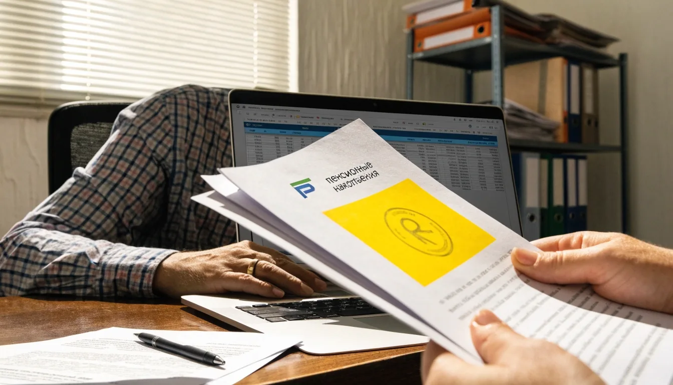 Scrivania di lavoro in un ufficio italiano a tarda sera, con una sola lampada accesa e la finestra fredda sullo sfondo