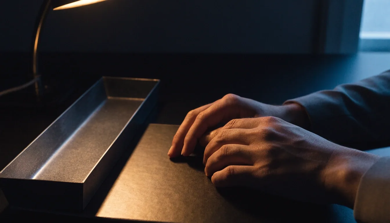 Scrivania in penombra con le mani di un lavoratore su una cartella chiusa, sotto la luce calda di una lampada da tavolo