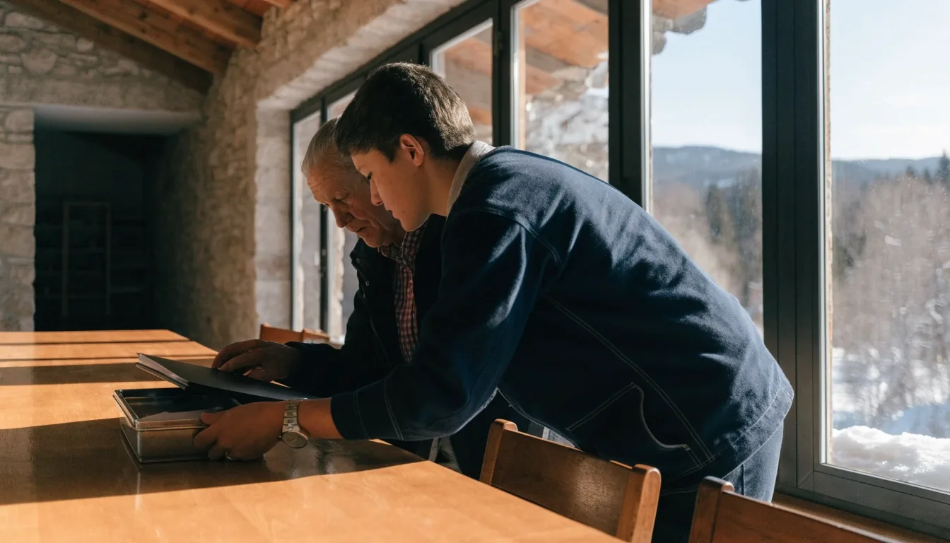 Lavoratori in una sede cooperativa di montagna in Trentino-Alto Adige davanti a una bacheca con documenti