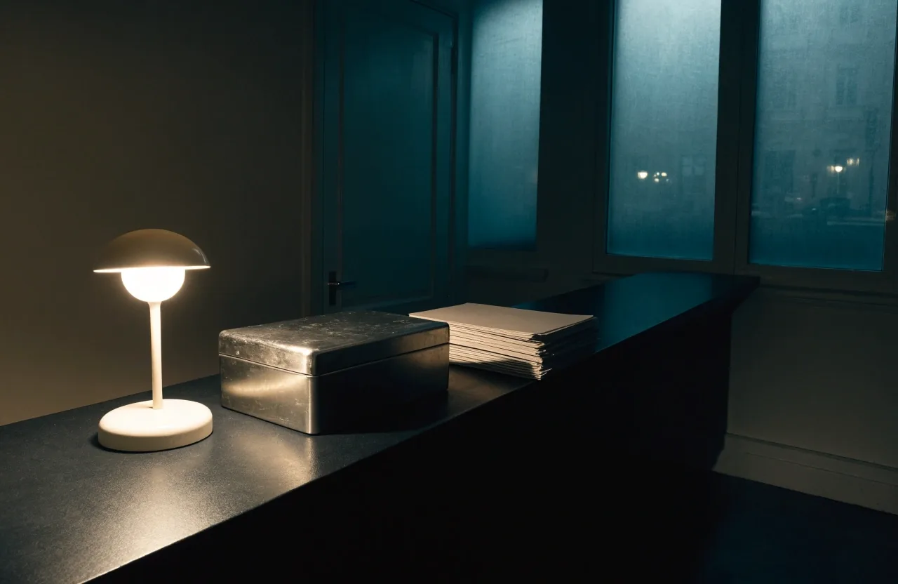 Retro ufficio di un'agenzia assicurativa di notte, con una sola luce accesa sul bancone vuoto